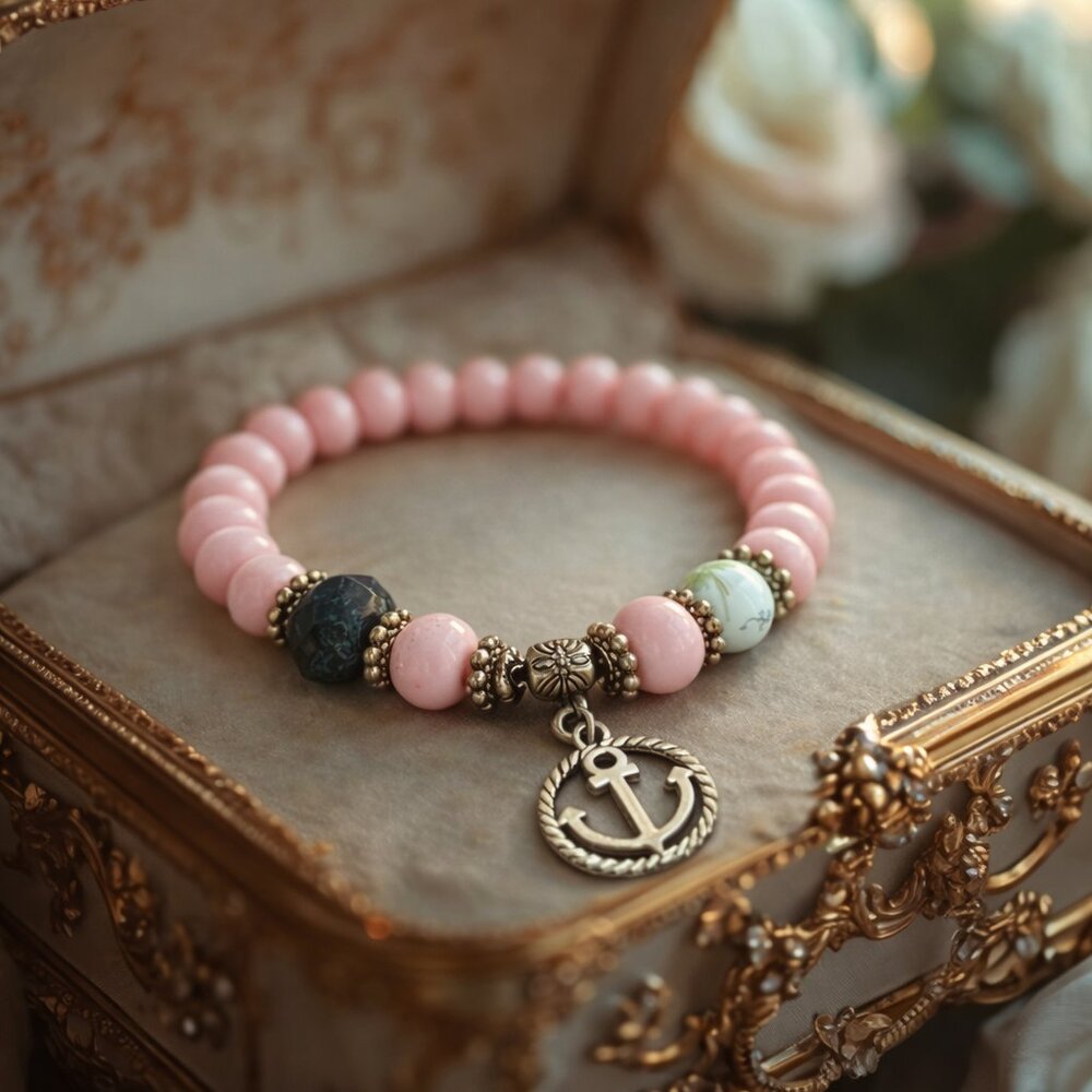 NWOT Vintage Nautical Style Pastel Pink Beaded Anchor Charm Bracelet